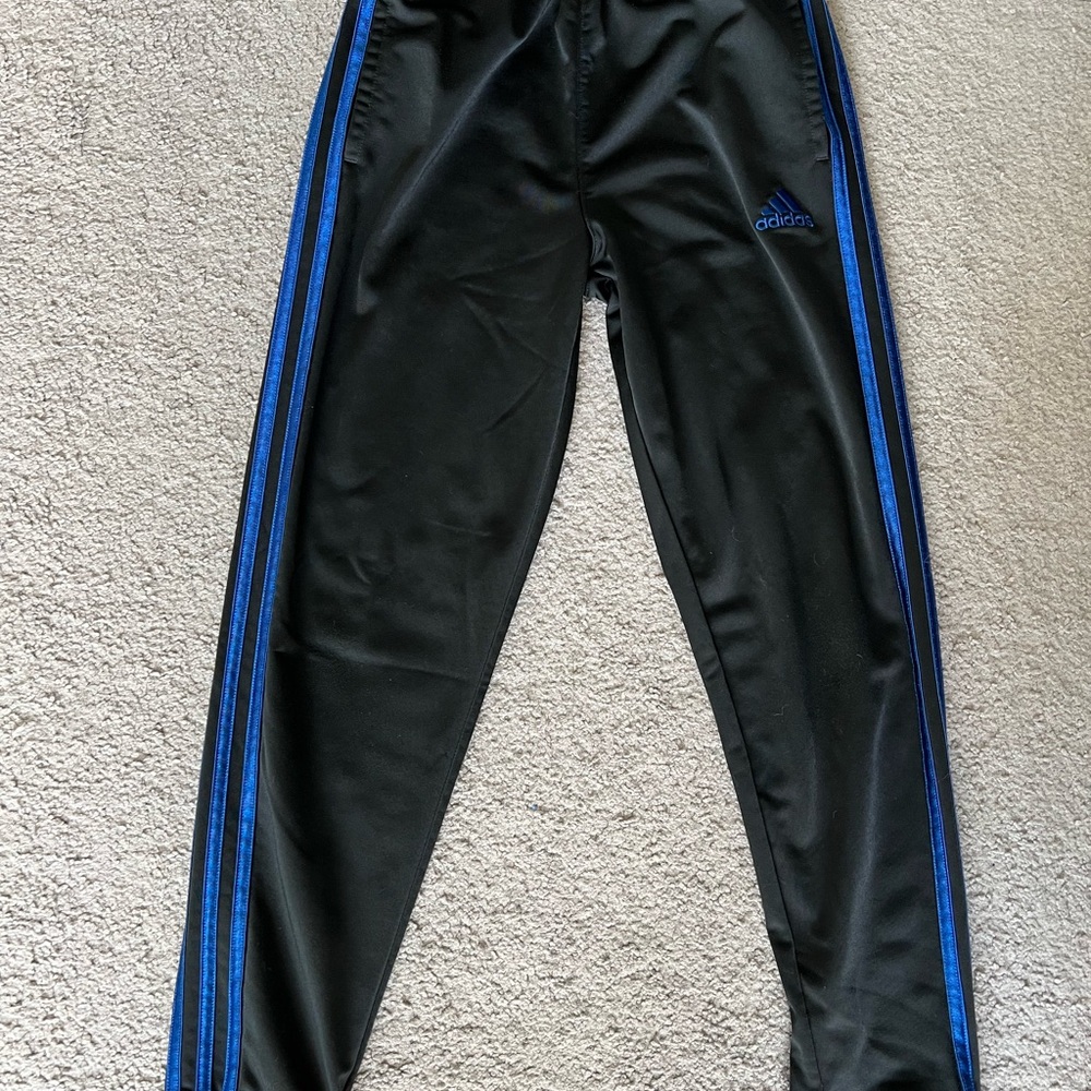 Adidas Kids Black Track Pants with Blue Stripes